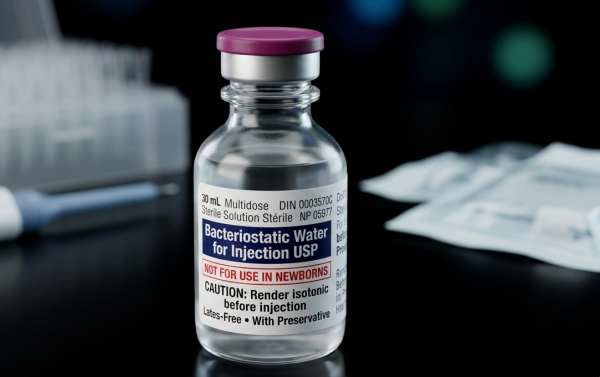 A technical medical infographic highlighting Bacteriostatic Water for clinical injection preparation. The left side showcases a multi-dose 30ml glass vial featuring a clear label with the text USP sterile solution 0.9% benzyl alcohol preservative. The right panel utilizes sleek diagrams to map out the compound's 28-day shelf-life stability comparison against standard single-use sterile water.