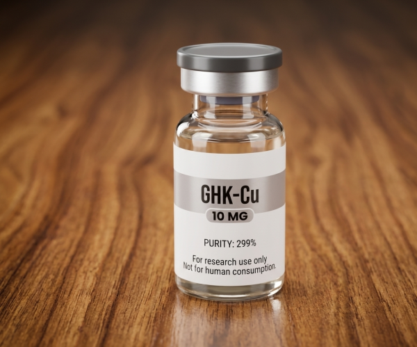 A technical medical illustration of the Ghk-cu copper tripeptide complex displayed inside a clear glass dropper vial. The graphic shows a magnification of the molecular structure, highlighting how glycyl-L-histidyl-L-lysine binds to a central copper ion to stimulate collagen production and dermal remodeling in human skin cells.