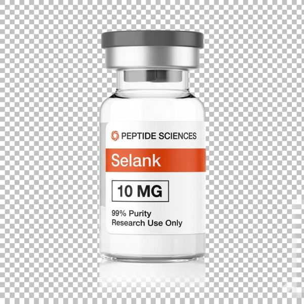 A detailed medical infographic focusing on selank peptide therapeutic mechanisms. The left side showcases a clear glass nasal spray bottle with a white metered dosing pump next to a box labeled 'selank 0.15% solution'. The right panel displays clean brain graphics mapping out targeted GABAergic pathways, serotonin stabilization, and neuroplasticity support.