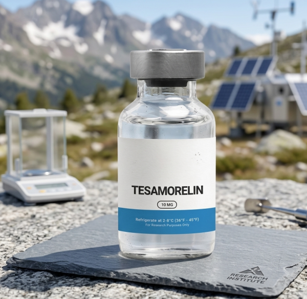 Tesamorelin Peptide: Mechanism and Adipose Tissue Research Applications A scientific composite image detailing the peptide Tesamorelin. The left side shows a glass vial of Tesamorelin lyophilized powder next to a pipette. The right side features two detailed infographics: one illustrating the GHRH mechanism for growth hormone release, and another with 'Before and After' illustrations showing deep abdominal fat reduction.