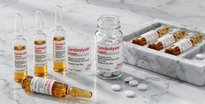 A premium medical display featuring Cerebrolysin therapy assets. On the left sits an official white and blue product carton showcasing a row of amber glass Cerebrolysin 10 ml ampoules. The right side features clean scientific diagrams illustrating the neurotrophic mechanisms of this porcine brain peptide mixture, highlighting targeted pathways for synaptic plasticity and neuroprotection.