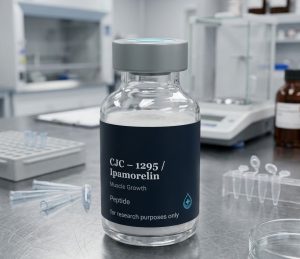 A clear glass laboratory vial containing white lyophilized powder labelled as Ipamorelin peptide, sitting on a stainless steel medical workstation for cellular research purposes