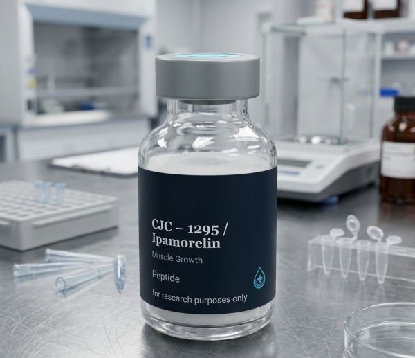 A clear glass laboratory vial containing white lyophilized powder labelled as Ipamorelin peptide, sitting on a stainless steel medical workstation for cellular research purposes