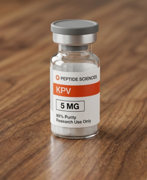 A crisp close-up shot of a clear, vacuum-sealed glass injection vial containing white lyophilized kpv peptide powder. The container rests on a sterile, reflective laboratory surface next to a vial of bacteriostatic reconstitution water, highlighting clean compounding pharmaceutical standards for cellular immune and gastrointestinal tissue repair research.