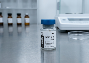 A high-resolution laboratory photo of a clear glass vial containing lyophilized Mots-c mitochondrial peptide powder, sitting next to a blurred pipette and other scientific equipment. The image includes a overlaid diagram illustrating the Mots-c molecule's biochemical pathway inside a cell, including retrograde signaling and AMPK activation.