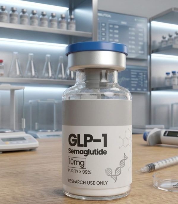 A comprehensive medical infographic detailing the peptide Semaglutide. The left section displays a medical glass vial labeled 'Semaglutide Focus Keyphrase (GLP-1 Agonist)' alongside a sleek 1 mg injection delivery device pen. The right panel displays three detailed scientific callouts mapping out appetite regulation in the brain, delayed gastric emptying in the stomach, and a downward trending clinical weight loss data chart over a molecular background structure.