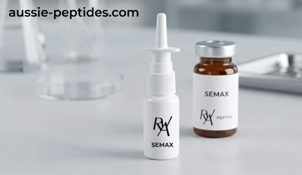 A technical medical infographic explaining semax peptide pathways. The left section features a clinical amber glass bottle of semax nasal spray with a metered fine-mist actuator. The right side illustrates a human brain graphic with highlighted pathways showing brain-derived neurotrophic factor expansion, increased dopamine synthesis, and neuroprotection markers.