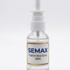 A technical medical infographic explaining semax peptide pathways. The left section features a clinical amber glass bottle of semax nasal spray with a metered fine-mist actuator. The right side illustrates a human brain graphic with highlighted pathways showing brain-derived neurotrophic factor expansion, increased dopamine synthesis, and neuroprotection markers.