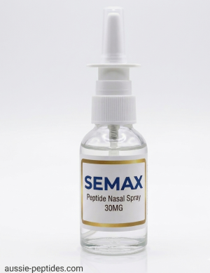 A technical medical infographic explaining semax peptide pathways. The left section features a clinical amber glass bottle of semax nasal spray with a metered fine-mist actuator. The right side illustrates a human brain graphic with highlighted pathways showing brain-derived neurotrophic factor expansion, increased dopamine synthesis, and neuroprotection markers.