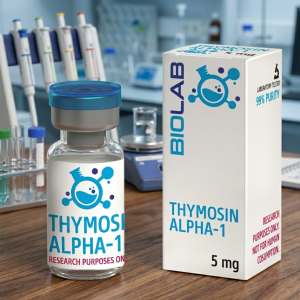 A premium clear glass compounding pharmacy vial filled with white lyophilized thymosin alpha 1 peptide powder, sitting on a sterile laboratory workbench next to a medical syringe to demonstrate clinical immune-modulating research and T-cell maturation protocols.