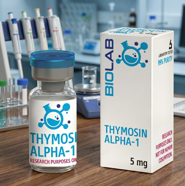 A premium clear glass compounding pharmacy vial filled with white lyophilized thymosin alpha 1 peptide powder, sitting on a sterile laboratory workbench next to a medical syringe to demonstrate clinical immune-modulating research and T-cell maturation protocols.
